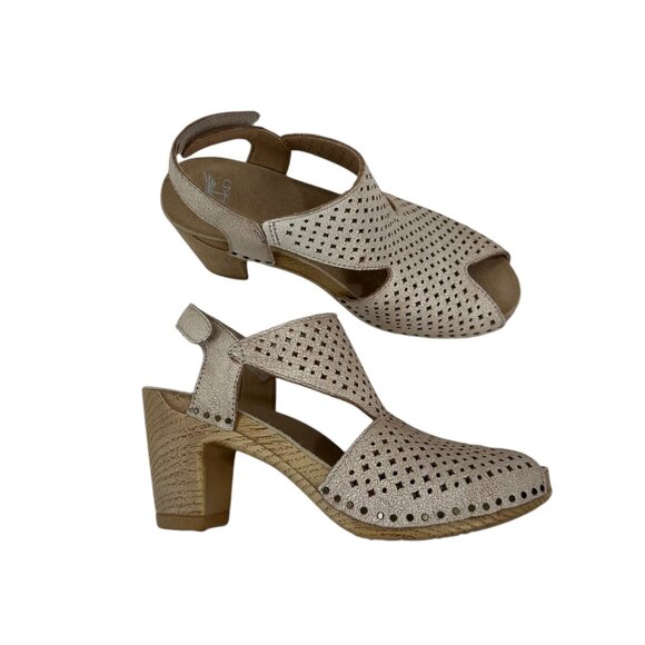 Dansko Beige Leather Perforated Slingback Sandals Wood-Look Block Heel SZ 36 - Picture 10 of 16